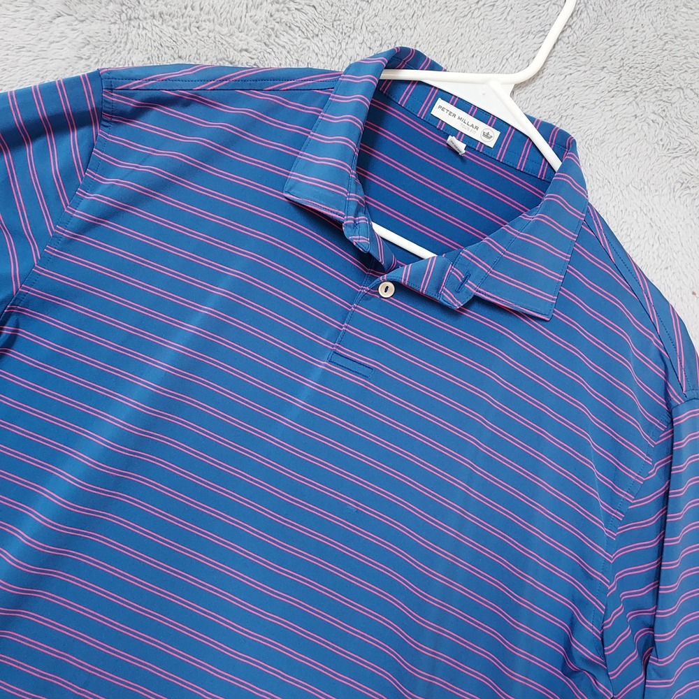 Peter Millar Polo Shirt Mens Large Tour Fit Striped Performance Blue Pink Jersey